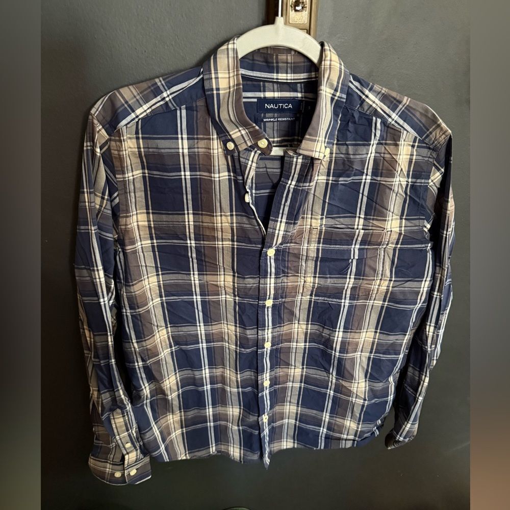 Nautica Men's Wrinkle Restistant Button Down Plaid Long Sleeve Dress Shirt S
